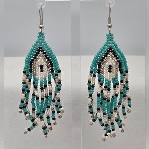 Handmade Multicolor Beaded Fringe Teal, White Silver & Black Earrings